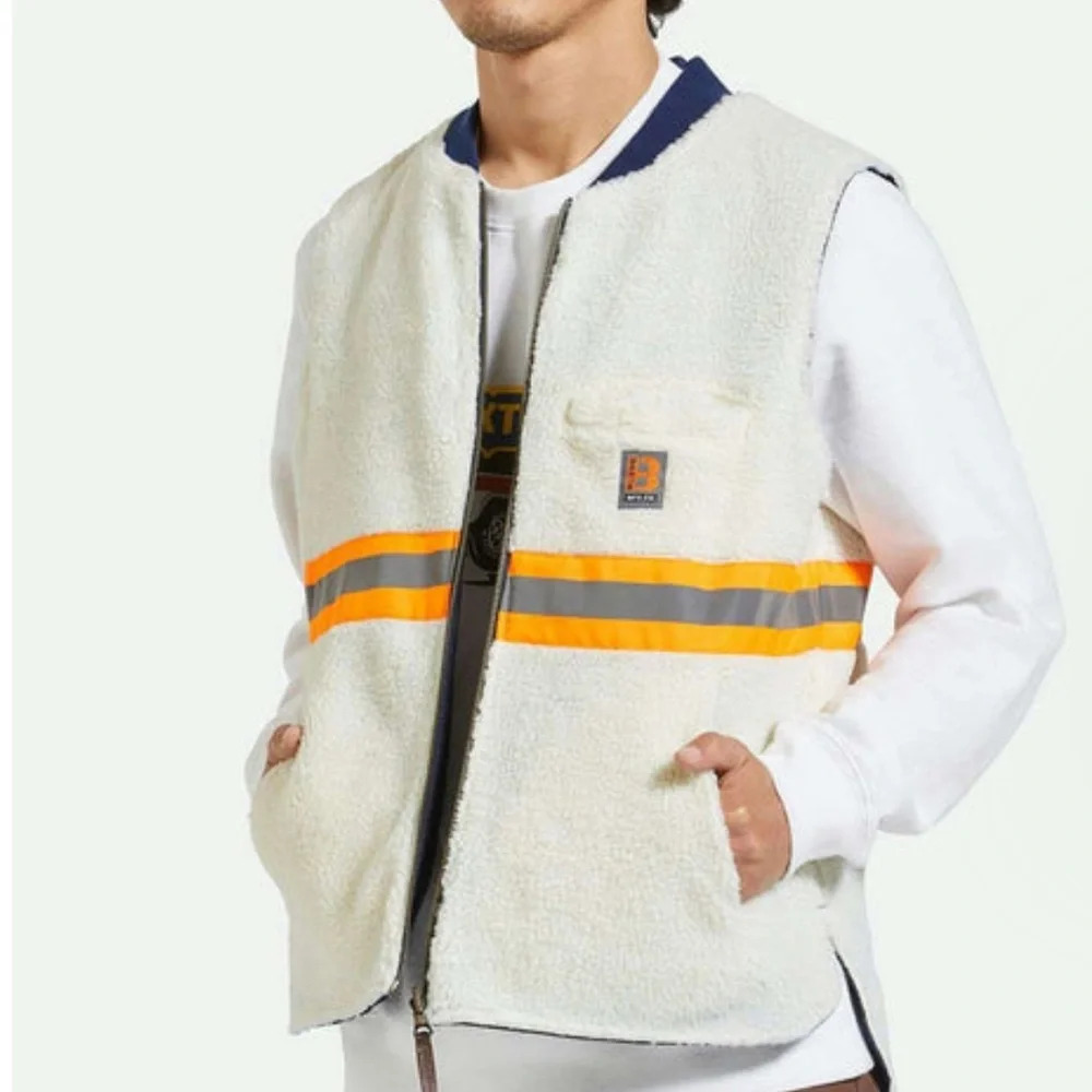 Brixton Sherpa Reversible Denim Vest Builders Abraham Rinse Blue Size Medium